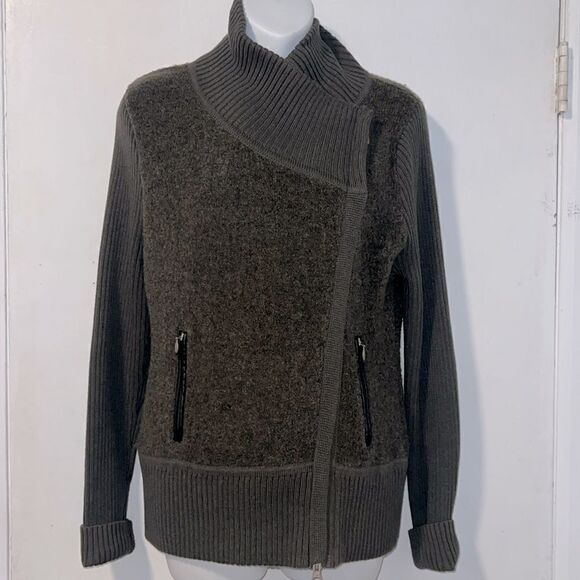 MARGARET O’LEARY Dark Olive Green Knit Sweater Moto Jacket-L - Picture 1 of 8